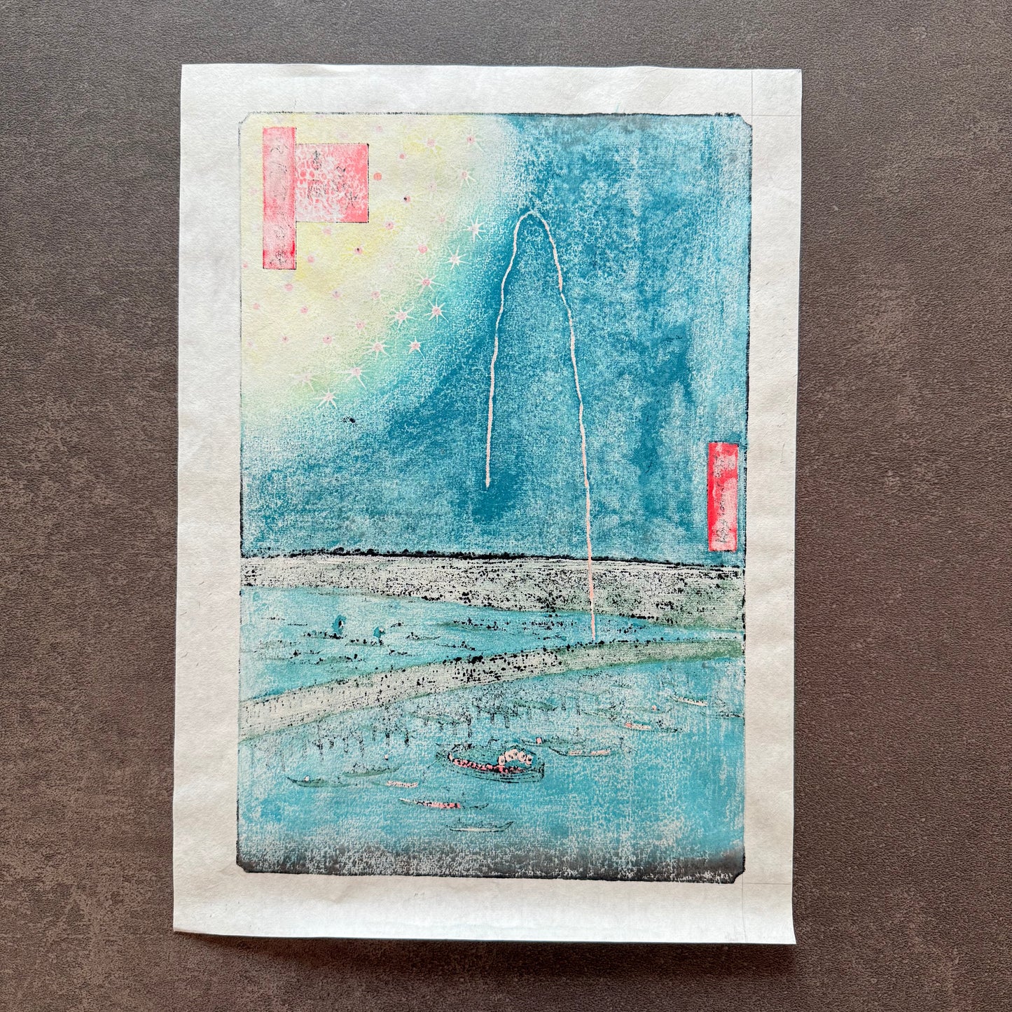 Réimpression encadrée d'une estampe ukiyo-e – « Feux d'artifice de Ryogoku » (Les Cent vues célèbres d'Edo) d'Hiroshige | Imprimé à la main par Liu Changqing | Neuf avec acrylique UV