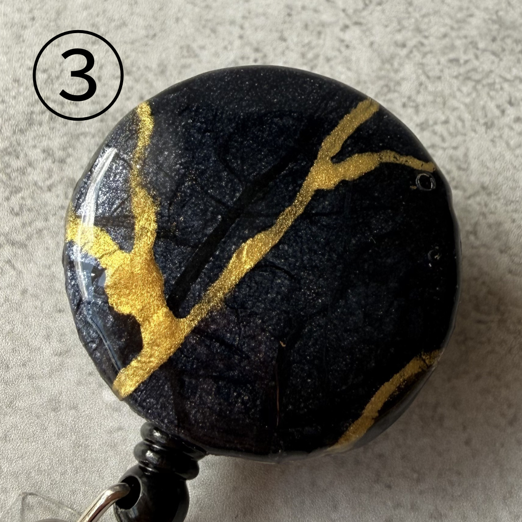 Kintsugi Style Retractable Badge Reel, Hand-painted Gold on Black Washi Paper, Japanese Zen Art ID Holder, 38mm Fabric Button, Unique Gift for Nurse