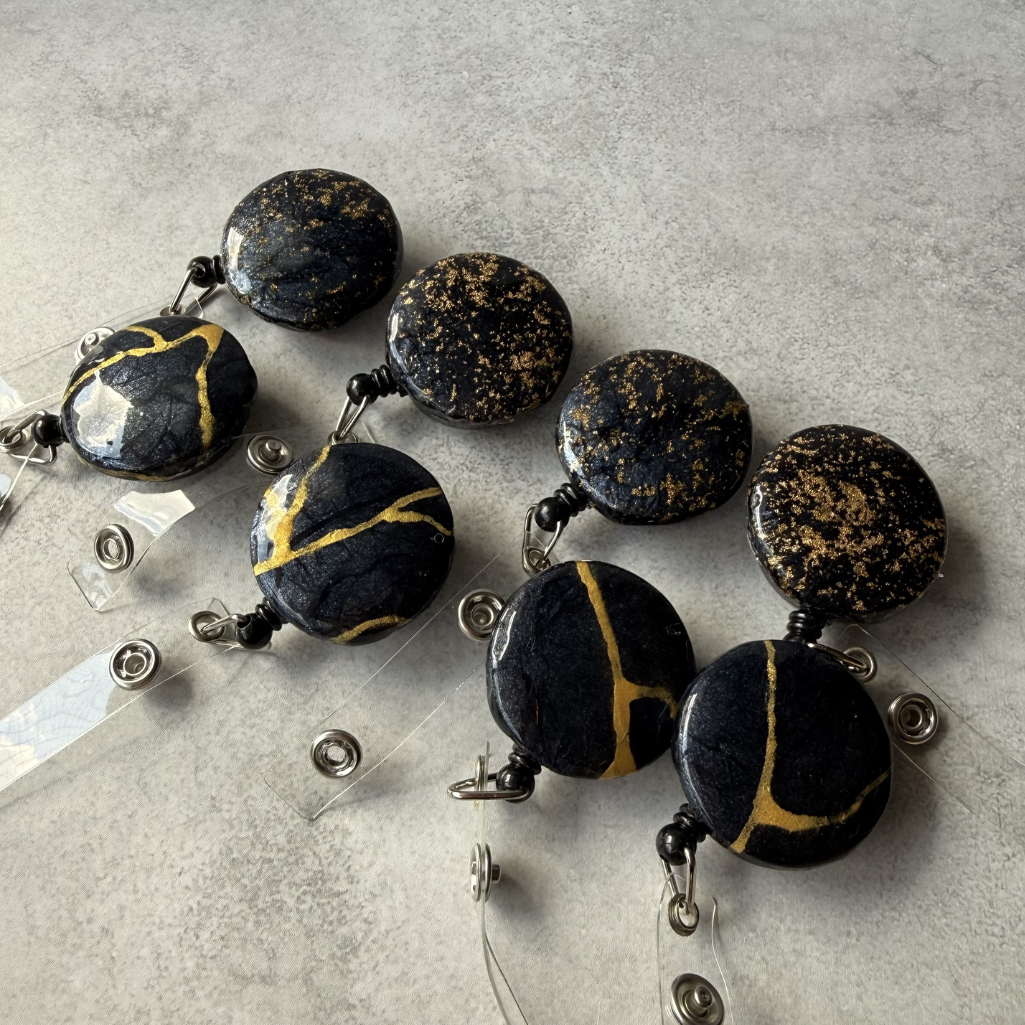 Gold Leaf Japanese Washi Badge Reel, Galaxy Black Retractable ID Holder, Luxury Nurse Badge Reel, Handmade Office Accessory, Unique Teacher Gift