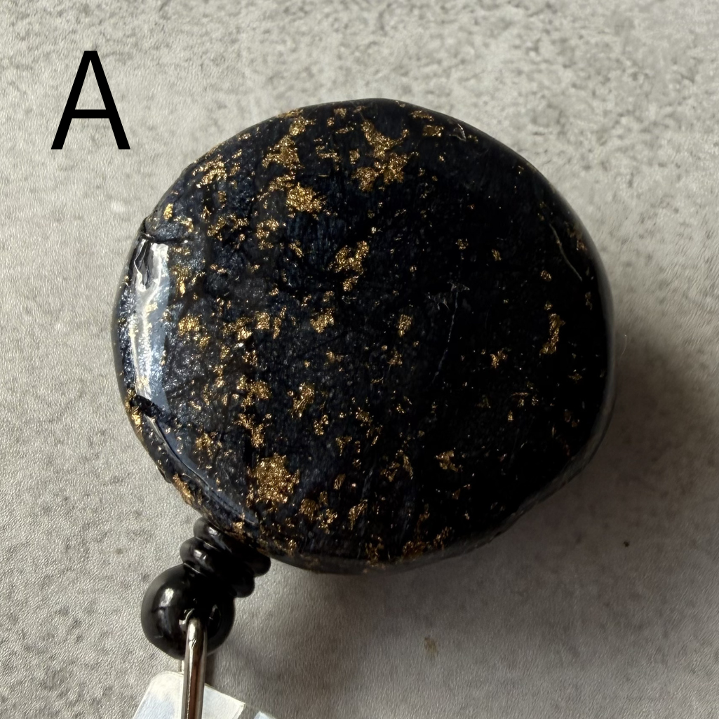 Gold Leaf Japanese Washi Badge Reel, Galaxy Black Retractable ID Holder, Luxury Nurse Badge Reel, Handmade Office Accessory, Unique Teacher Gift