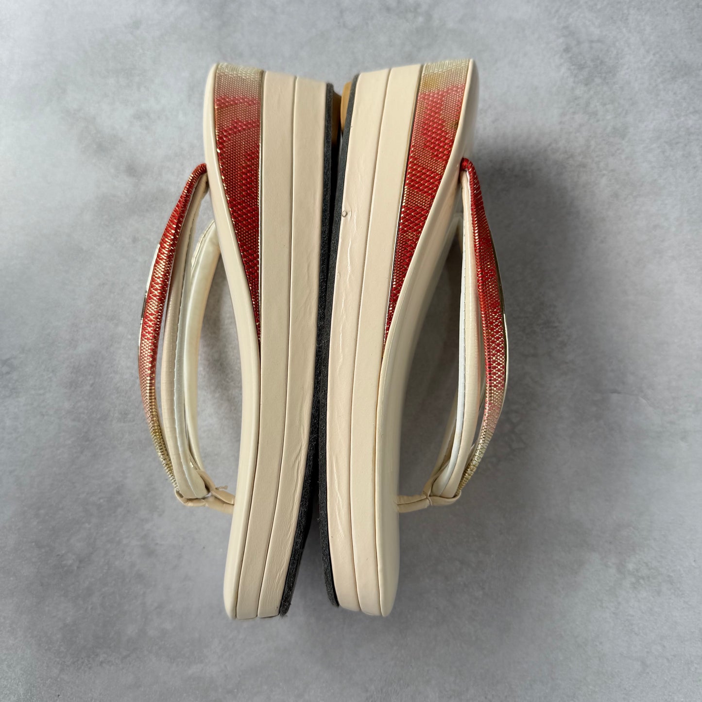 Vintage Japanese Zori 1960s | Ivory Platform Kimono Sandals | Sogo Kobe | Red Gold Strap | Formal Geta for Maiko or Wedding