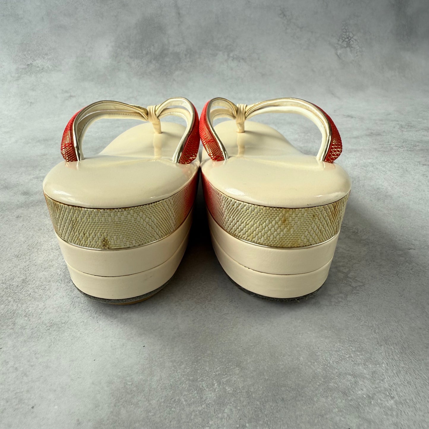 Vintage Japanese Zori 1960s | Ivory Platform Kimono Sandals | Sogo Kobe | Red Gold Strap | Formal Geta for Maiko or Wedding