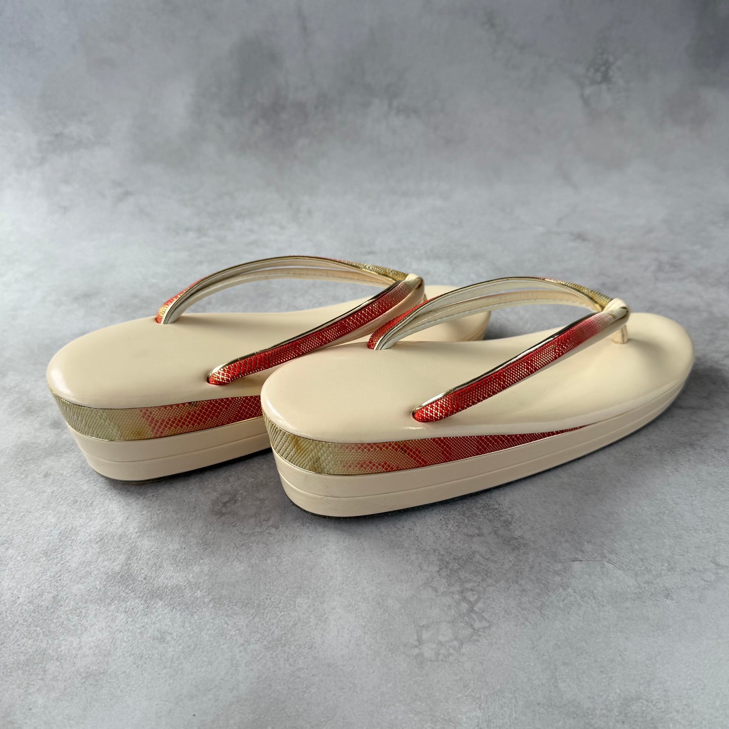 Vintage Japanese Zori 1960s | Ivory Platform Kimono Sandals | Sogo Kobe | Red Gold Strap | Formal Geta for Maiko or Wedding